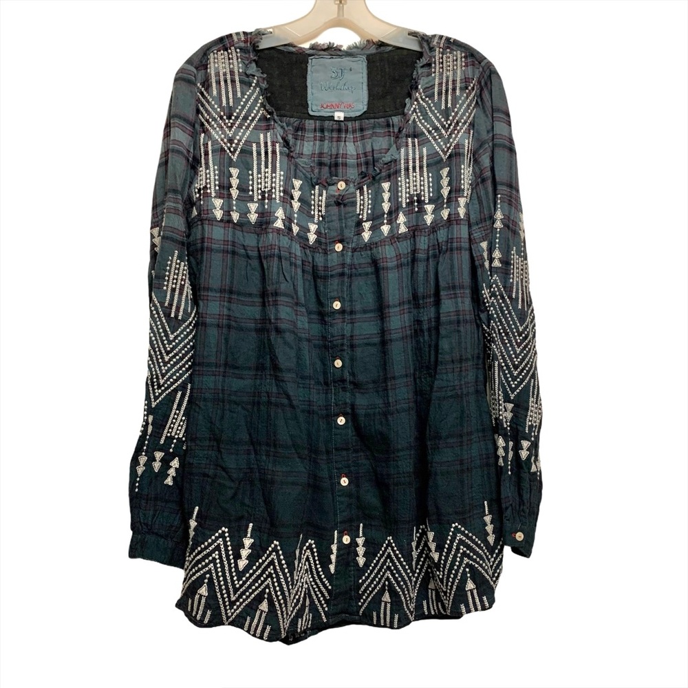 JOHNNY WAS 3J Embroidered Plaid Button Front Ombré Tunic
